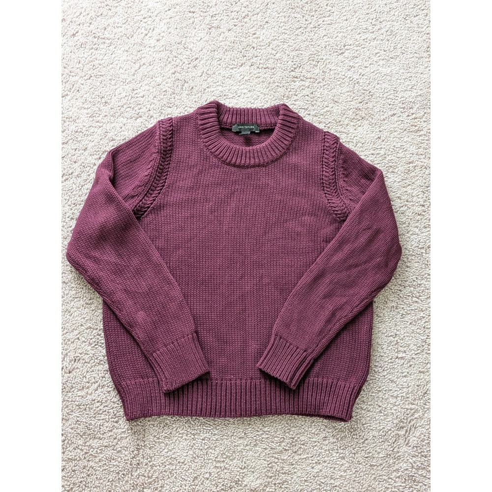 Ann Taylor Sweater Womens Medium Petite Ribbed Crewneck Chunky Knit Red Burgundy